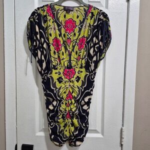 Hale Bob Floral Mesh Ruched V-Neck Dress Navy Pink Lime Womens Small